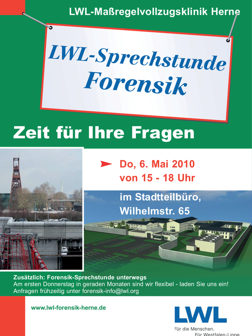 Plakat mit der Aufschrift "LWL-Sprechstunde Forensik" mit einer Grafik des Gebäudekomplexes der Klinik (vergrößerte Bildansicht wird geöffnet)