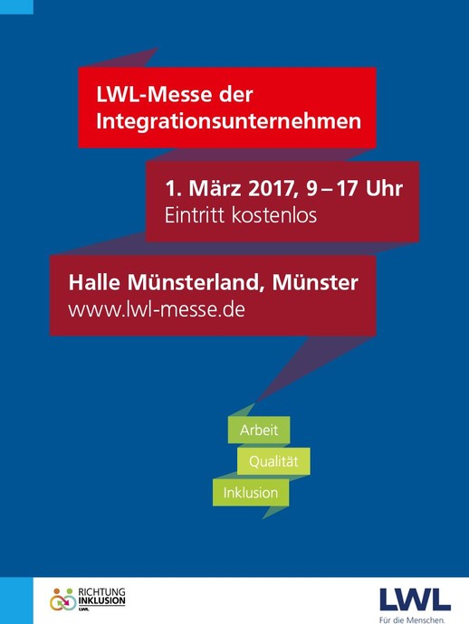 Blaues Plakat mit bunter Aufschrift: LWL-Messe der Inklusionsunternehmen 2017 (vergrößerte Bildansicht wird geöffnet)