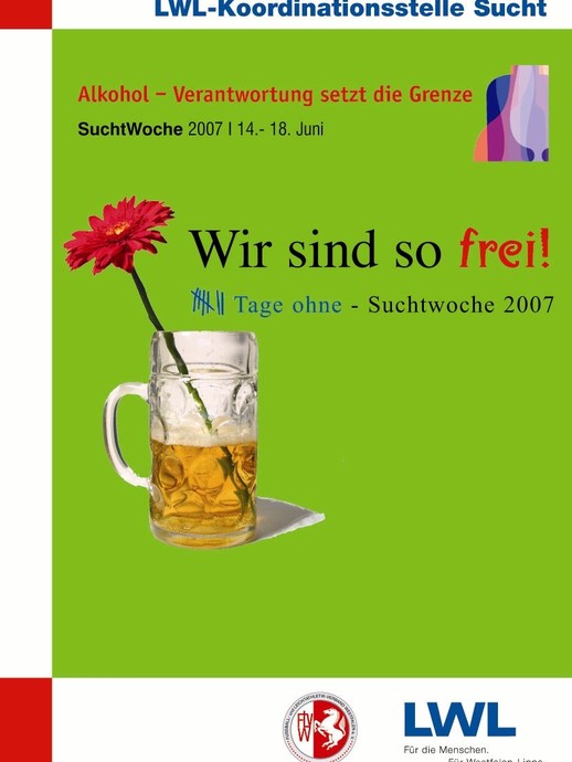Plakat mit einem Bierglas, in dem eine Blume steckt, mit dem Titel: Wir sind so frei! (vergrößerte Bildansicht wird geöffnet)