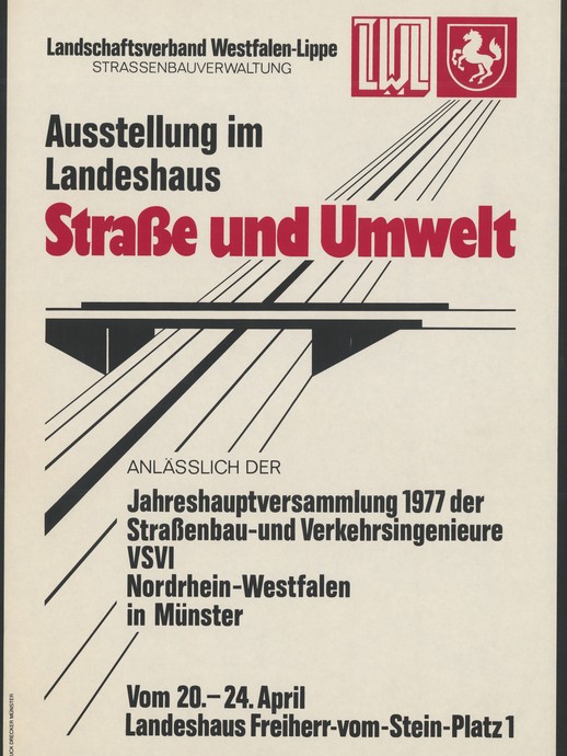 Plakat mit abstrahierter Brücke und dem Titel "Ausstellung im Landeshaus: Straße und Umwelt" (vergrößerte Bildansicht wird geöffnet)