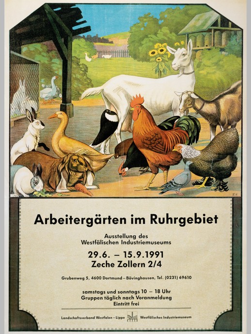gemalte Tiere auf einem Bauernhof mit der Aufschrift: "Arbeitsgärten im Ruhrgebiet" (vergrößerte Bildansicht wird geöffnet)