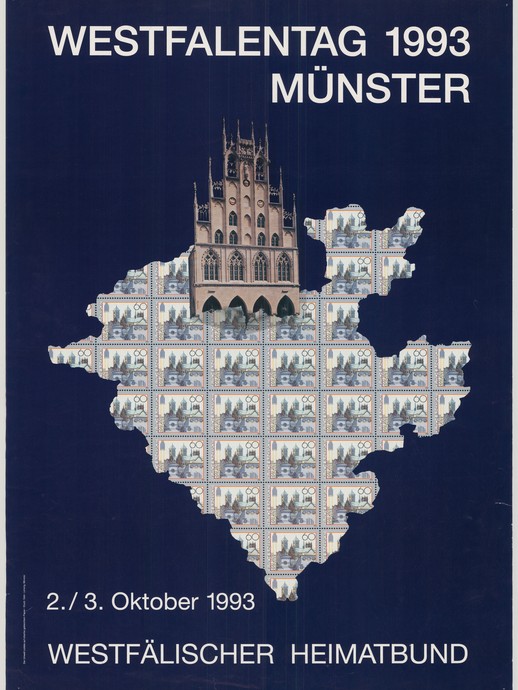 Die Umrisse der Westfalen-Karte, im Inneren Briefmarken und das Rathaus in Münster (vergrößerte Bildansicht wird geöffnet)