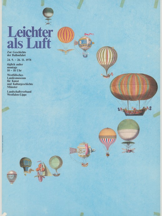 Blaues Plakat mit aufgemalten Heißluftballons und der Aufschrift: "Leichter als Luft. Zur Geschichte der Ballonfahrt" (vergrößerte Bildansicht wird geöffnet)