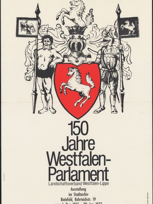 Wappen mit Westfalen Pferd und der Aufschrift "150 Jahre Westfalenparlament" (vergrößerte Bildansicht wird geöffnet)