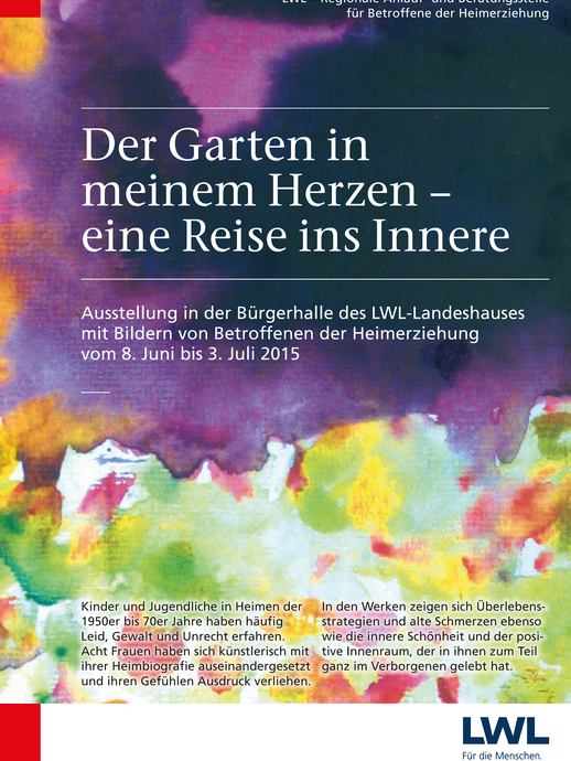 Ausstellungsplakat mit lila Hintergrund und dem Schriftzug "Der Garten in meinem Herzen - eine Reise ins Innere" (vergrößerte Bildansicht wird geöffnet)
