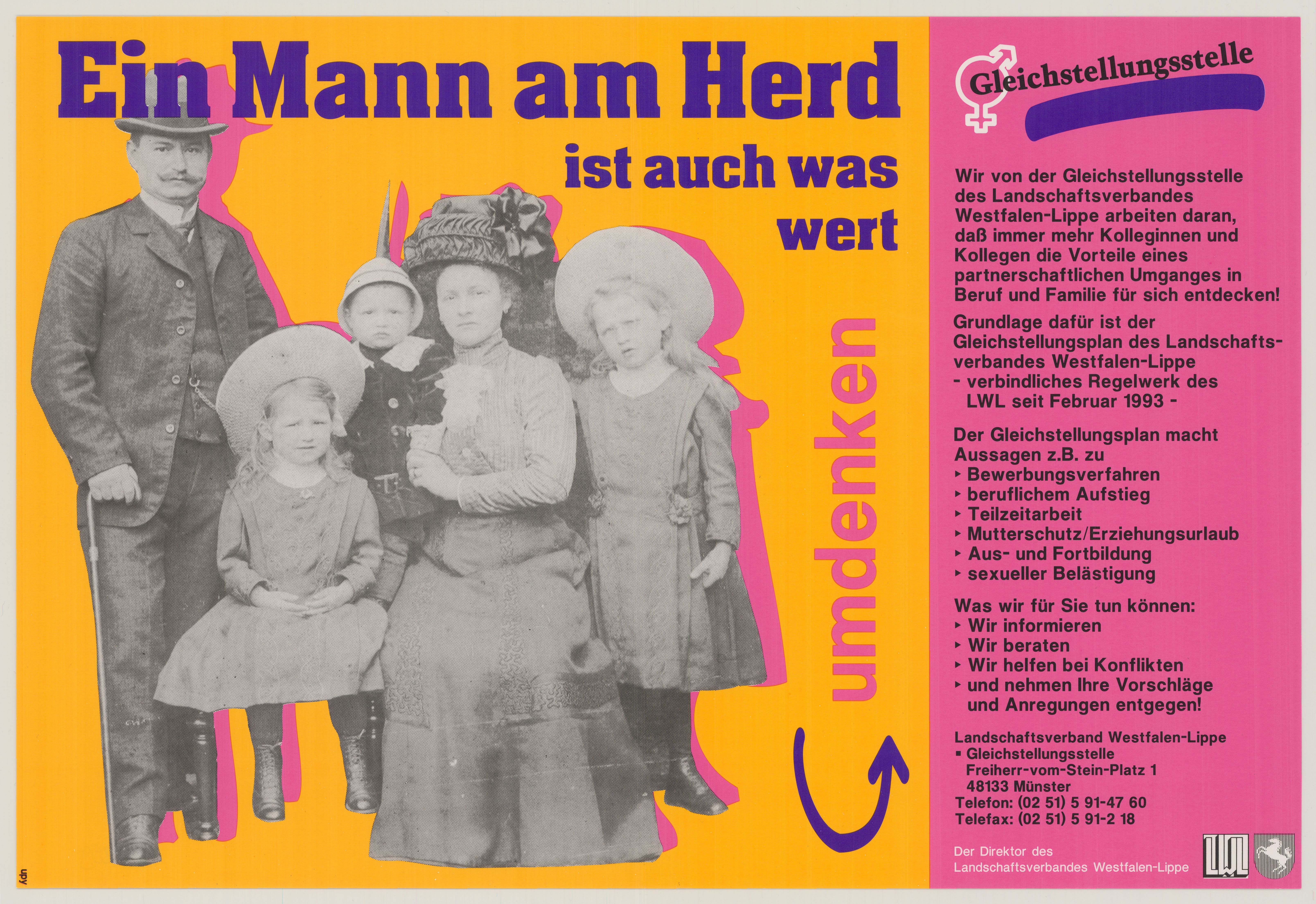 Schwarzweißfotografie einer Familie ausgeschnitten auf pink-gelbem Grund