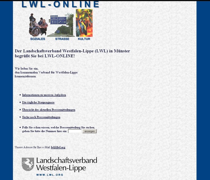 Screenshot der Homepage des LWL von 1996 mit grauem Hintergrund und nur wenigen Bildern und Links