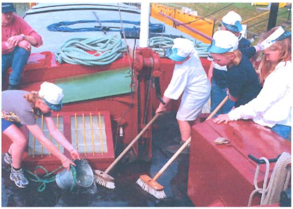 Kinder putzen das Deck eines Schiffs auf der LWL-Schiffstour