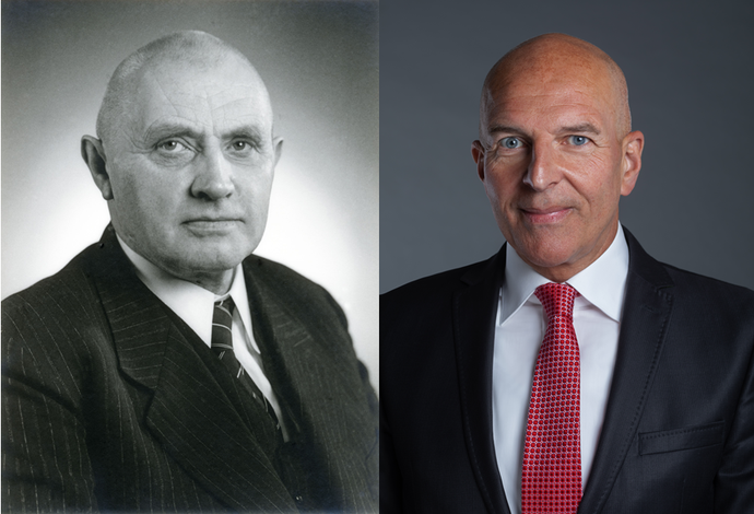 Portraits von  Dr. Bernhard Salzmann, dem ersten Direktor des LWL und Herrn Dr. Georg Lunemann, dem aktuellen Direktor des LWL nebeneinander