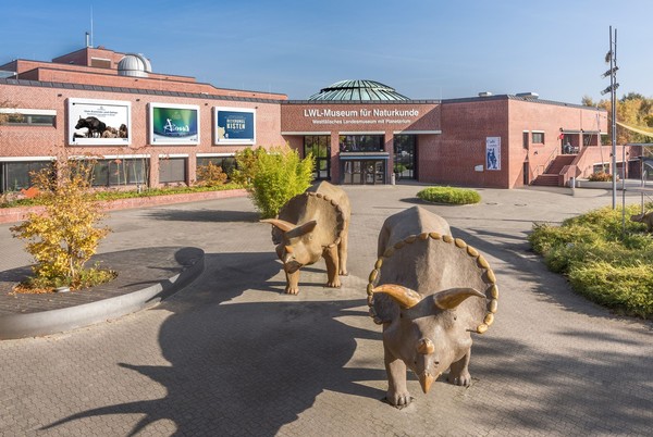 Die Dinosaurier-Skulpturen vor dem Eingang des LWL-Museums für Naturkunde